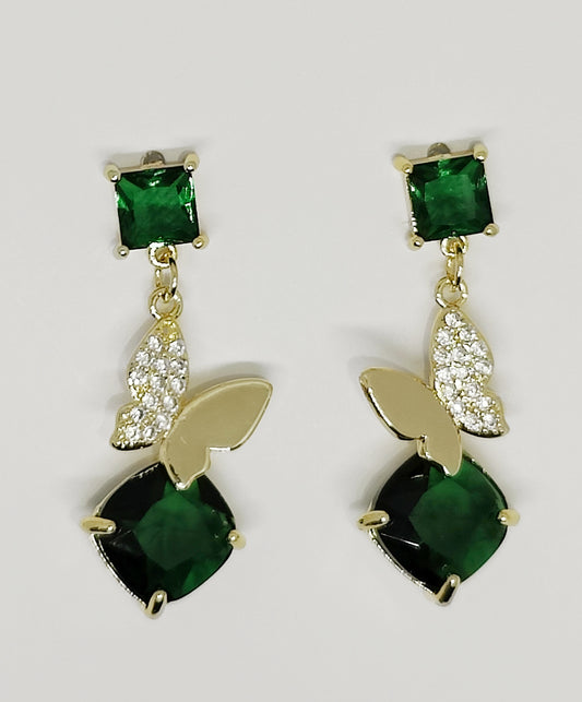 Butterfly and Square Green Zircon Pendants on Square Zircon Stud Earrings