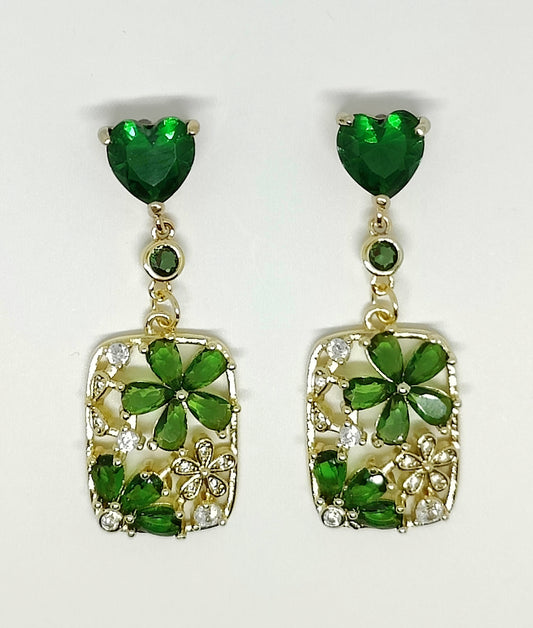 Green Heart-Shaped Zircon Stud Earrings with Zircon-Encrusted Square Pendants(Silver Stud)