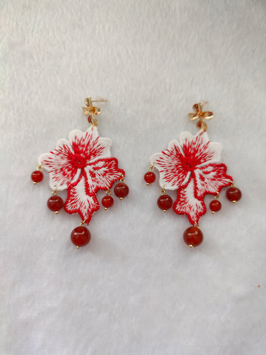 Embroidered Camellia and Red-Agate Bead Earrings