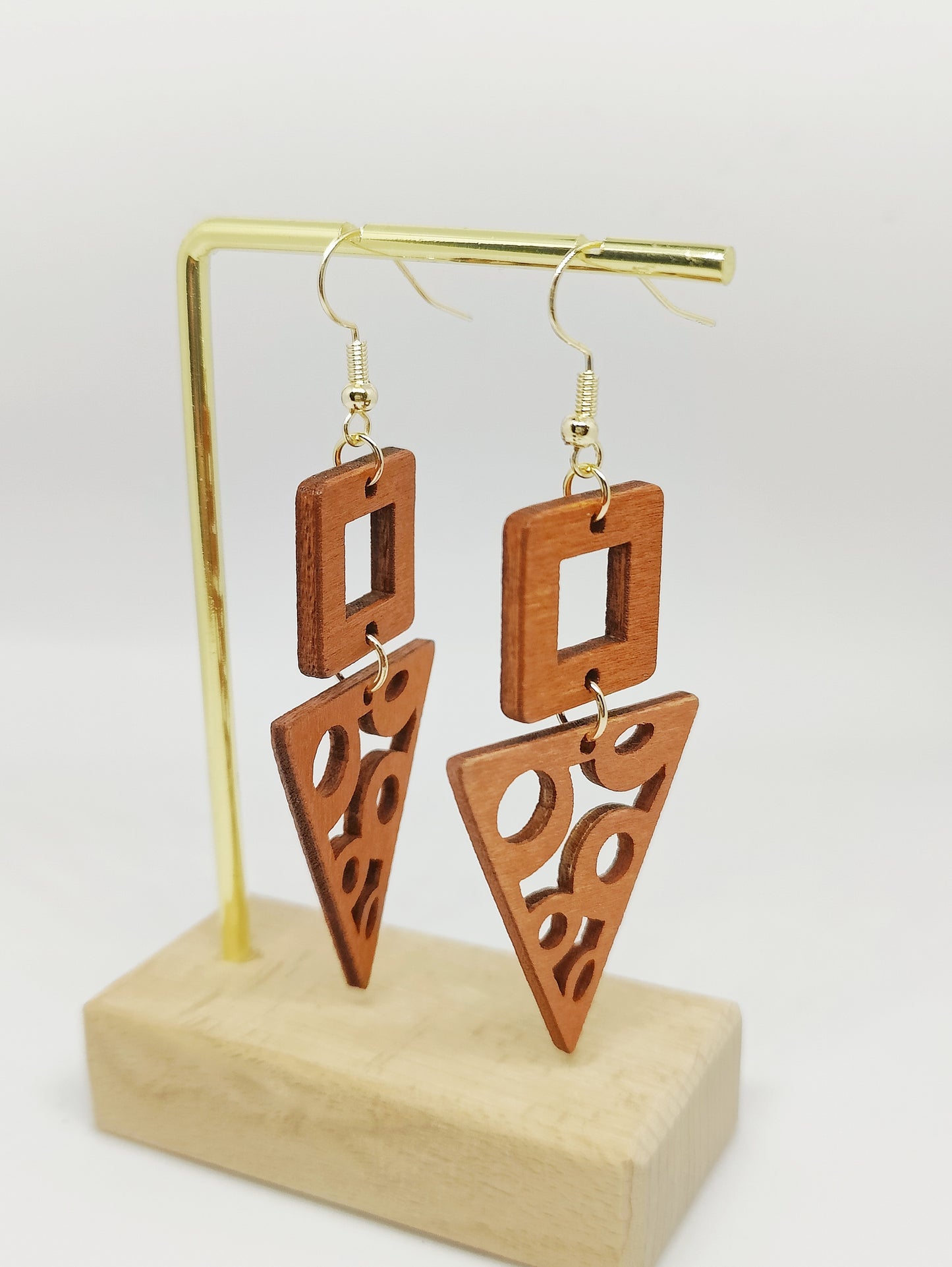 Classic Wooden Square and Hollow Triangle Earrings