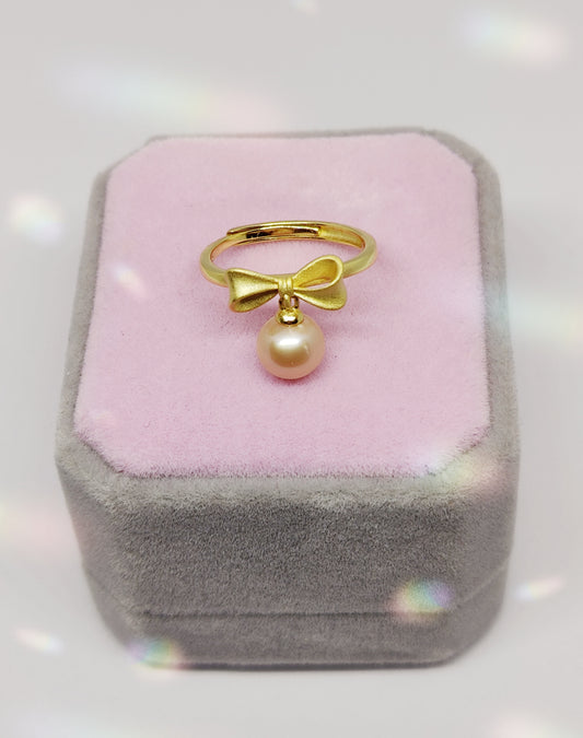 Gold-Plated Silver Ring with Butterfly Design and 6mm Pink Pearl (Size Adjustable)