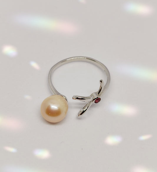 White-Gold-Plated Sliver Ring with Red Zircon and Pink Pearl(Size Adjustable)