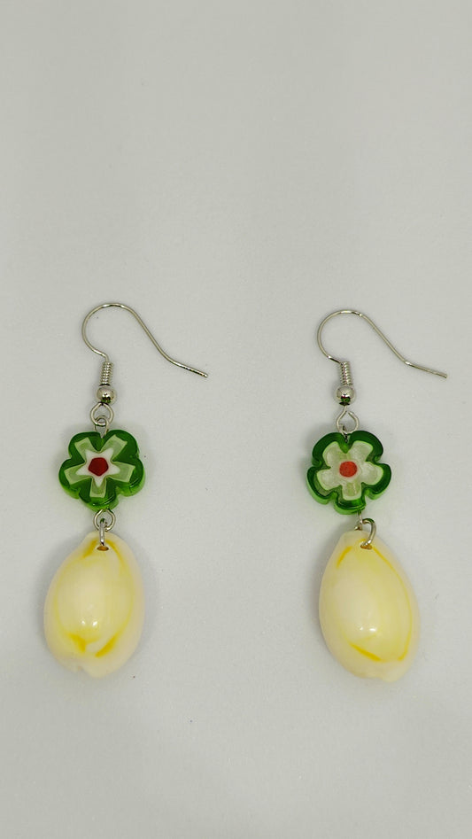 Green Glass Flower Bead and Shell Earrings