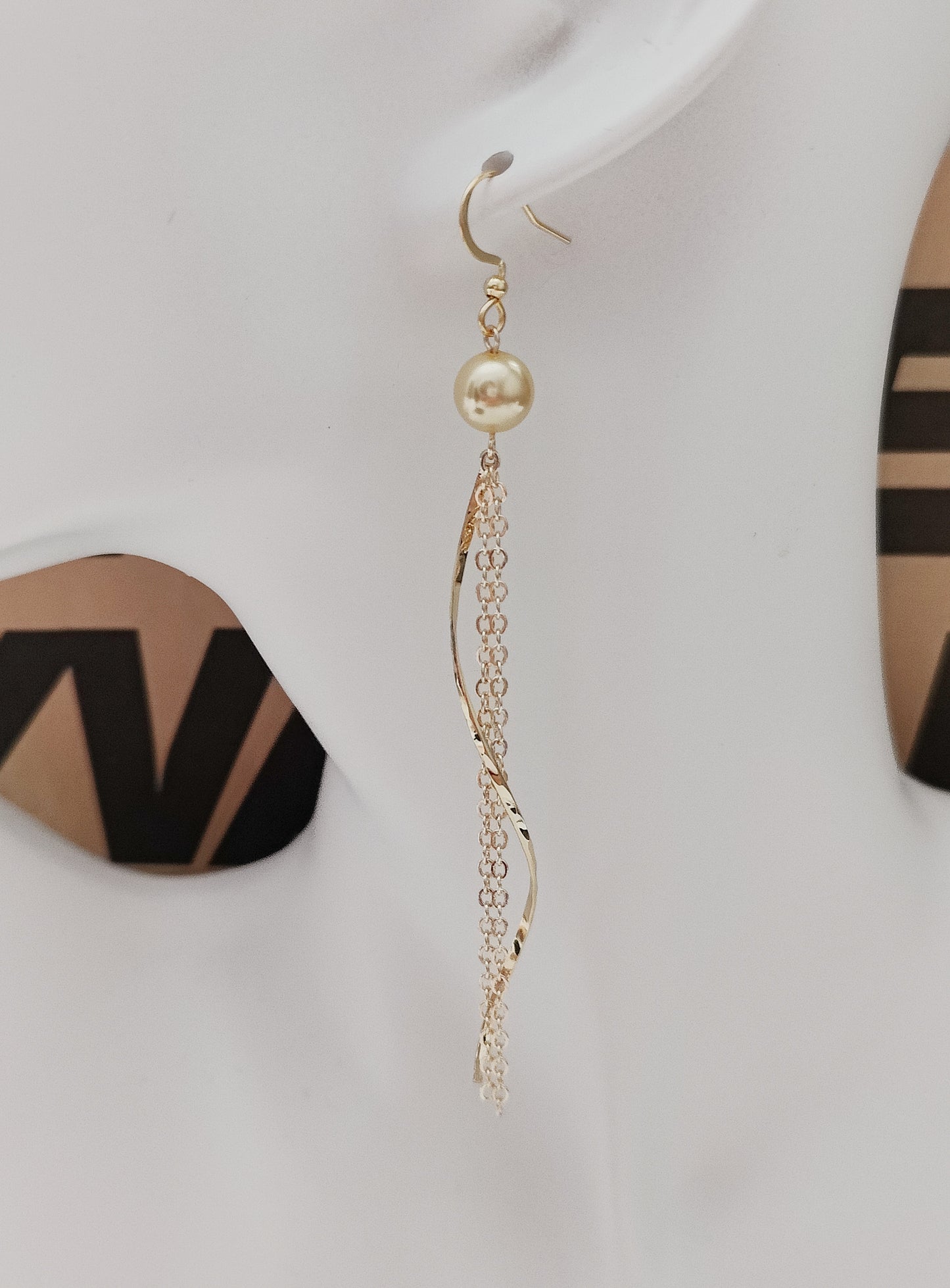 Gold-Color Glass-Pearl S-Shaped Pendant Double Chain Earrings