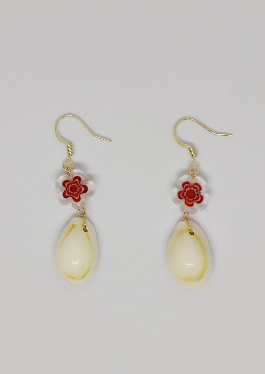 Crimson Blossom Glass Flower Bead and Shell Earrings