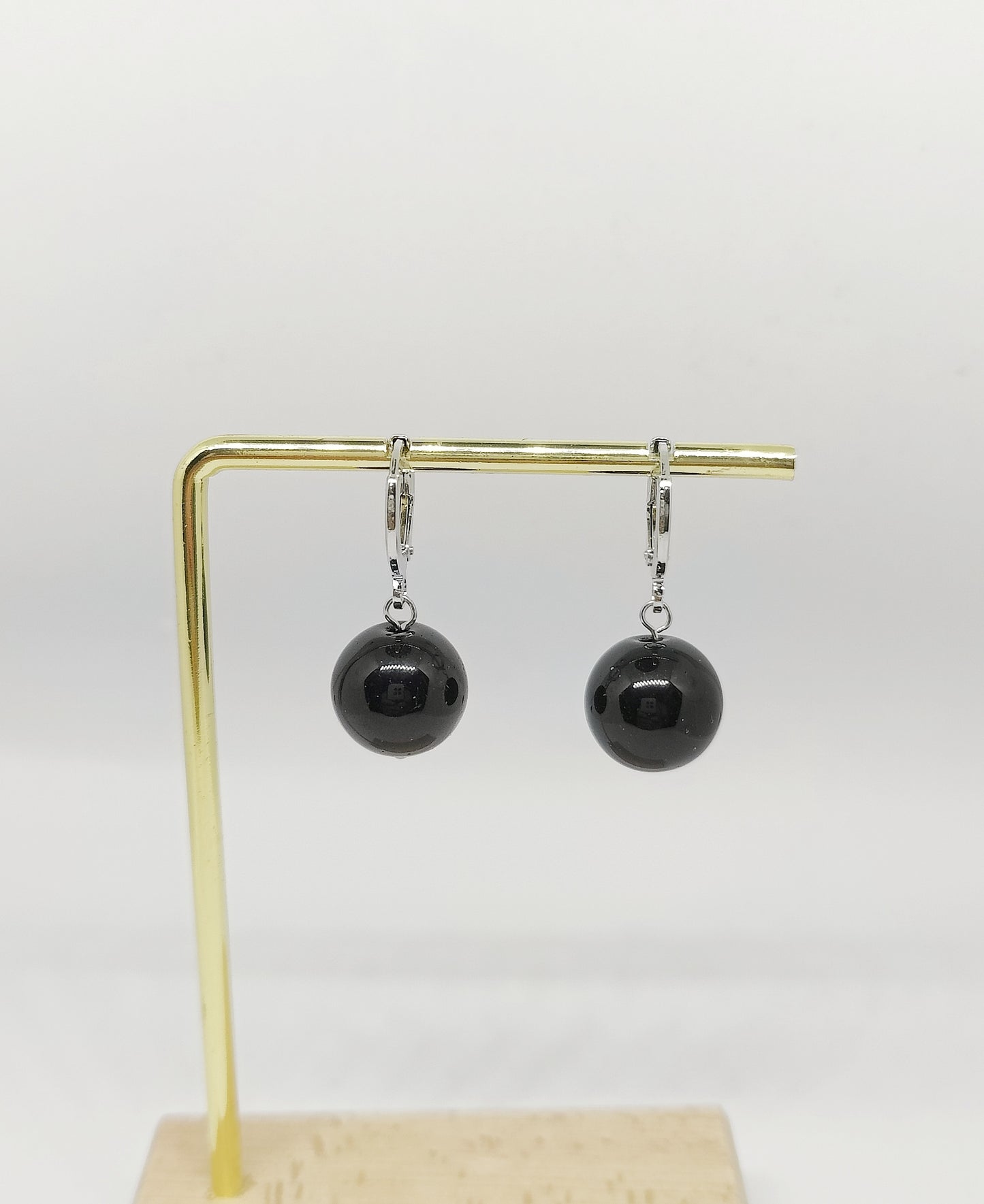 Single Obsidian Bead Earring with Clasp (White-Gold-Color)