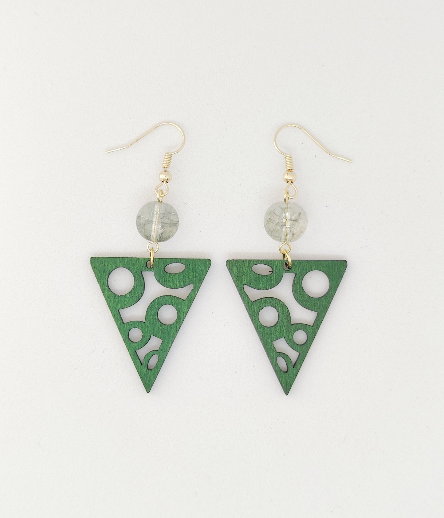 Elegant Green Rutilated Quartz Beads and Wooden Triangle Earrings