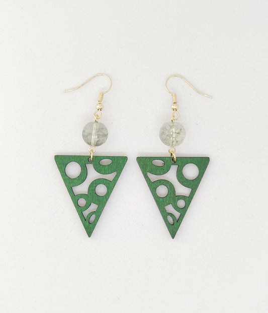 Elegant Green Rutilated Quartz Beads and Wooden Triangle Earrings