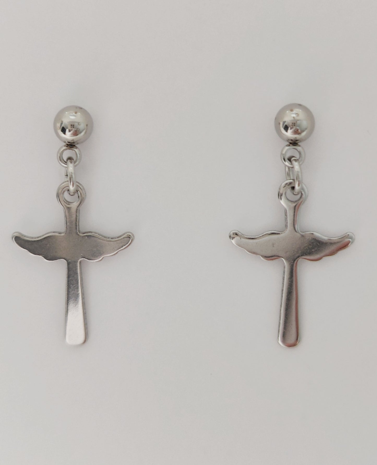 Ball Stud Earrings with Wing-Shaped Cross Pendants(Medium)