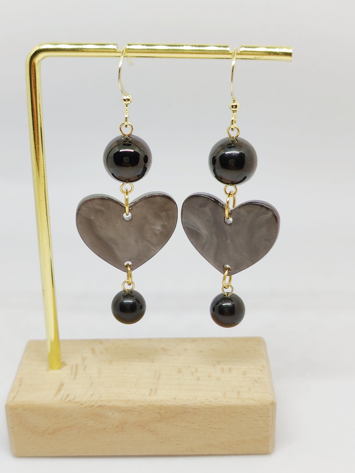 Obsidian Bead Earrings with Acrylic Black Heart Pendant Earrings