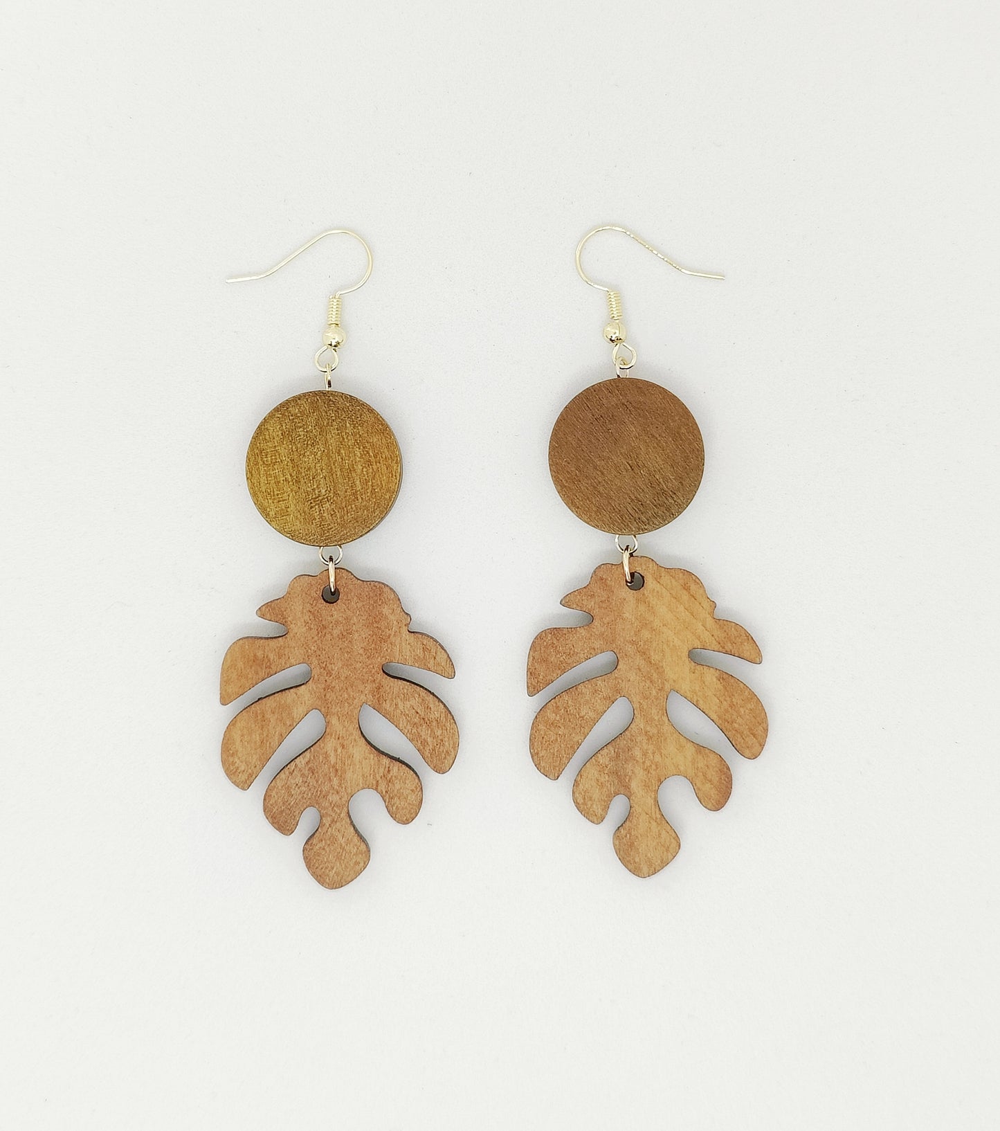 Nature-Inspired Wooden Round and Leaf-Shape Pendant Earrings