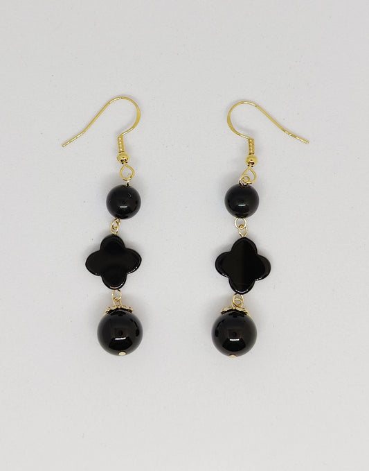 Obsidian Earrings: Two Beads and Four-Leaf Clover