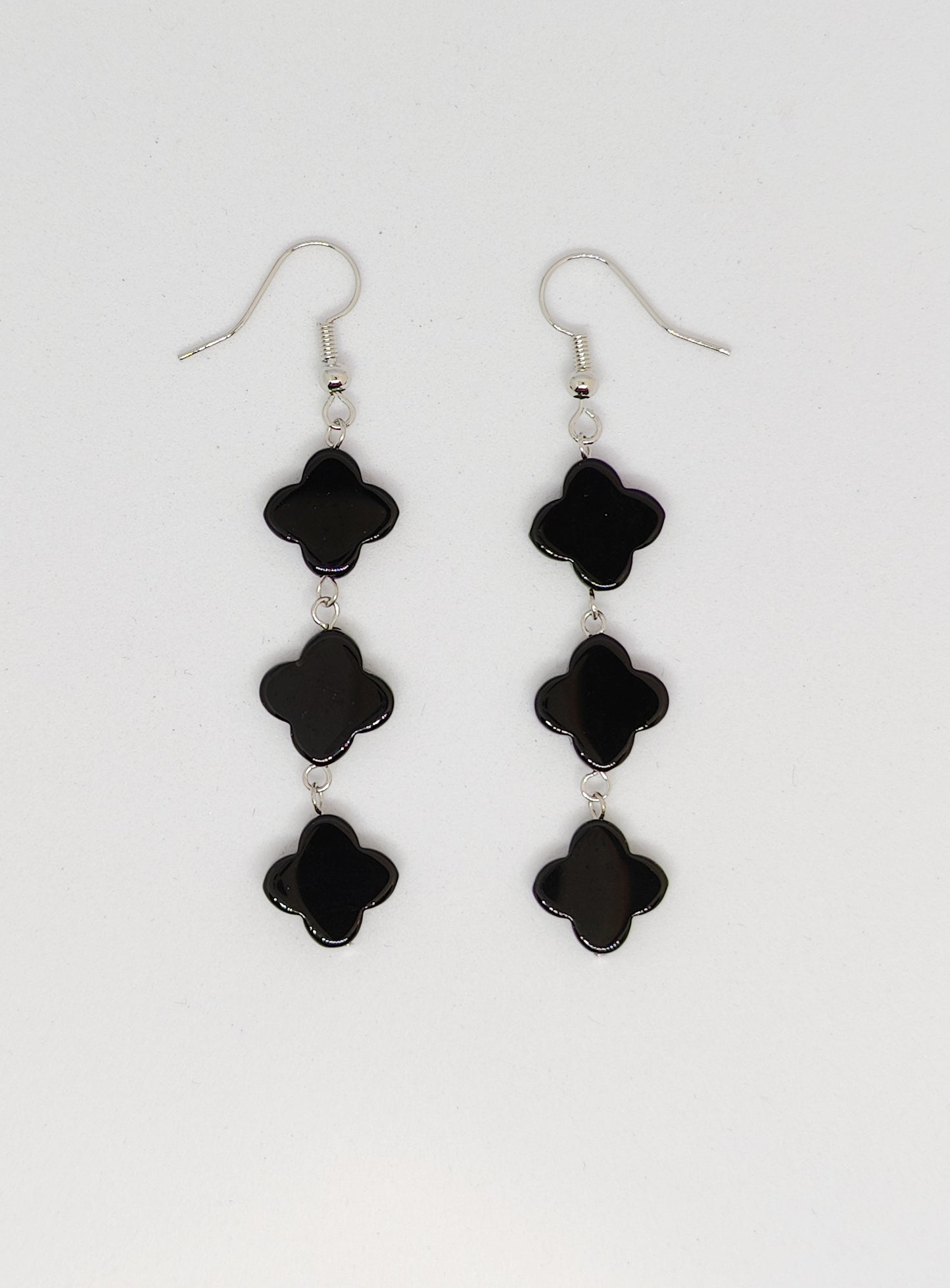 Triple Obsidian Four-Leaf Clover Pendant Earrings