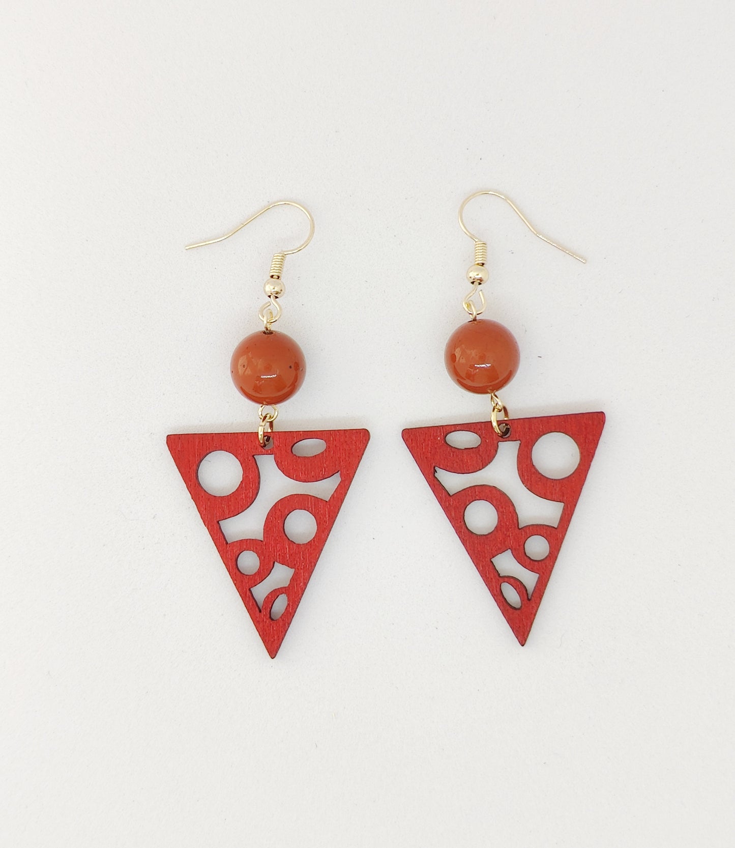 Stunning Red Stone Beads and Wooden Triangle Earrings