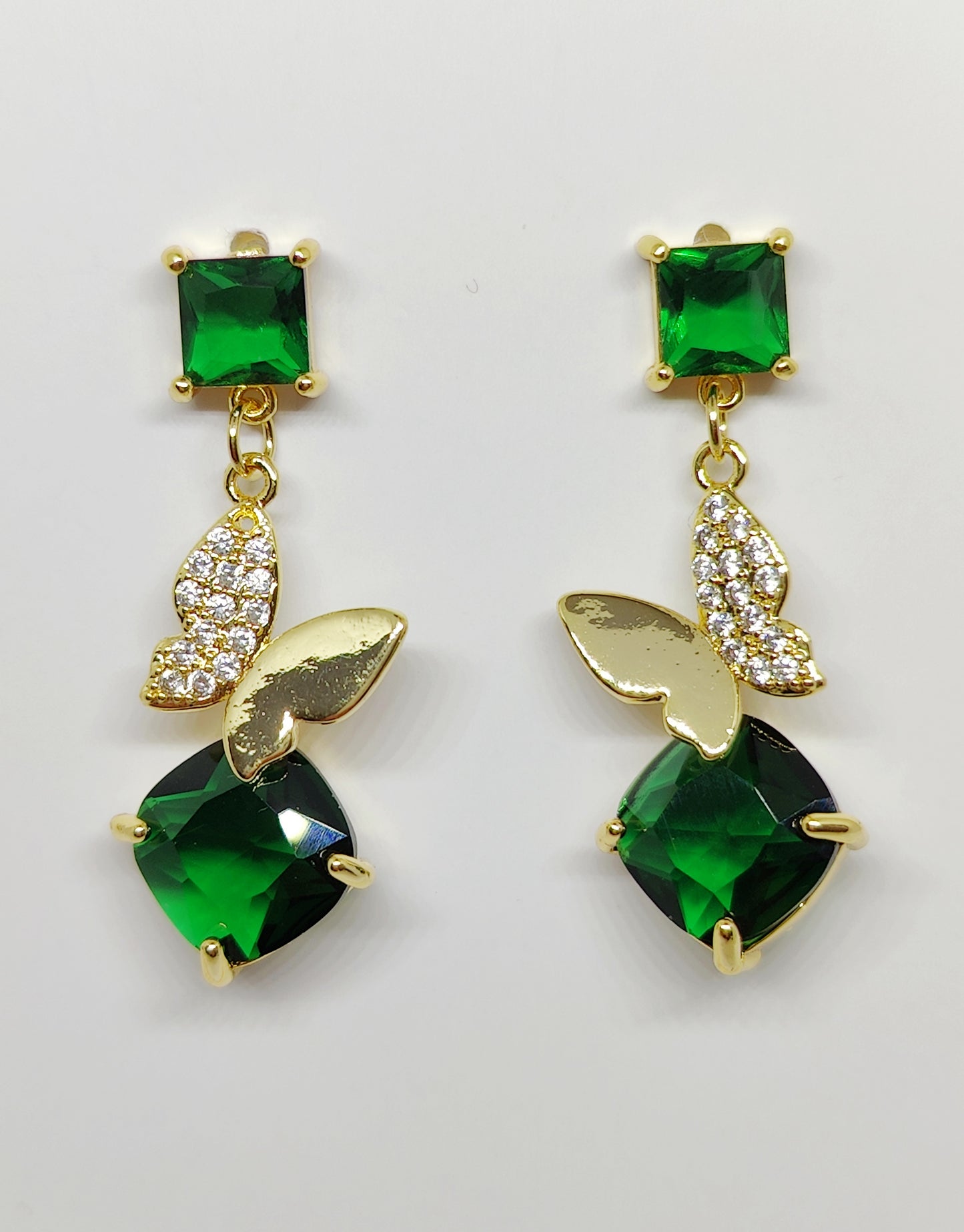 Butterfly and Square Green Zircon Pendants on Square Zircon Stud Earrings