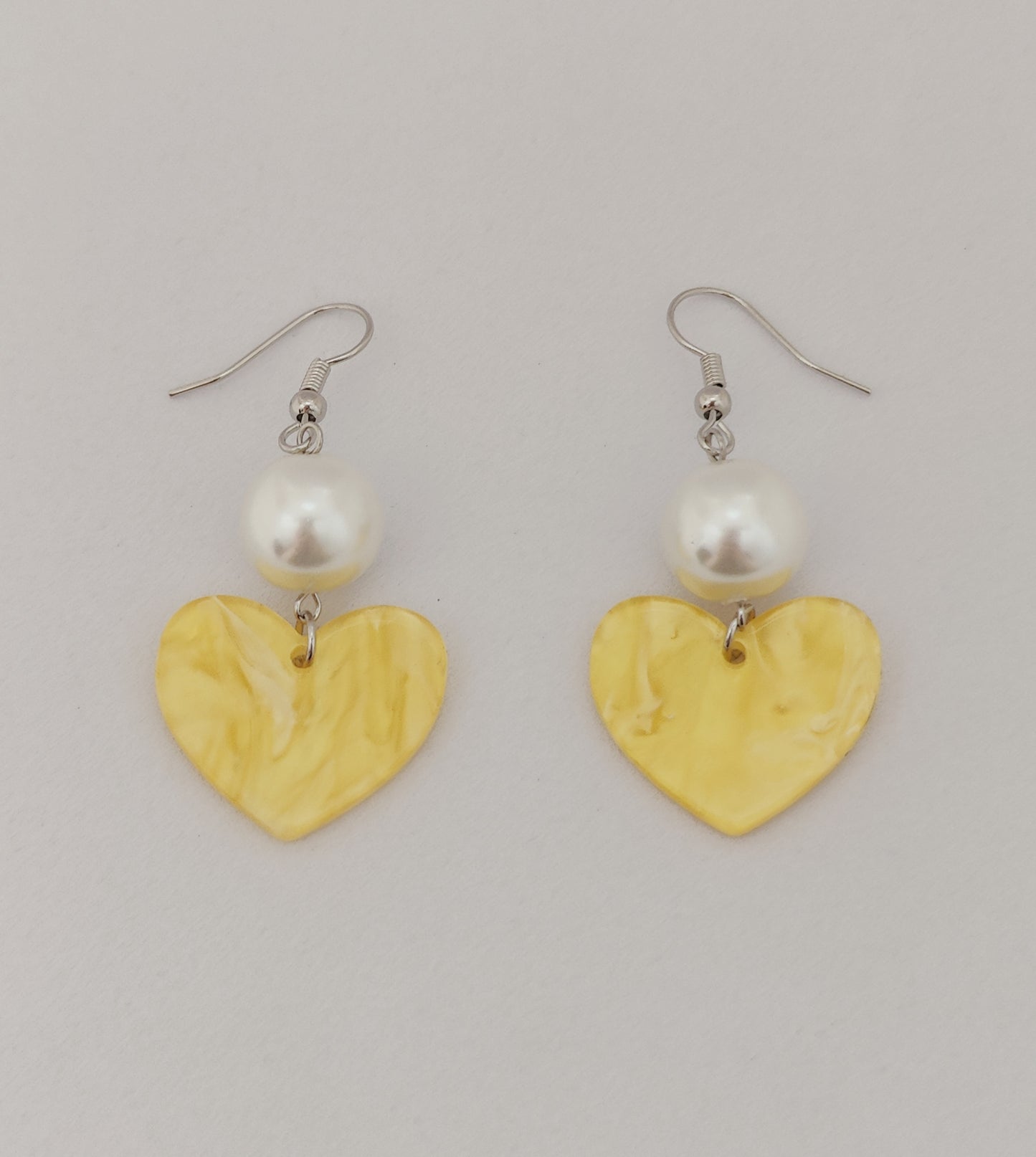 Yellow Acrylic Heart Shell-Pearl Earrings