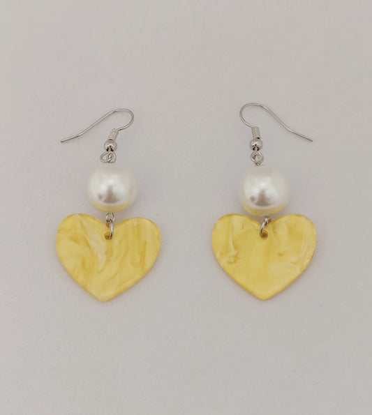 Yellow Acrylic Heart Shell-Pearl Earrings