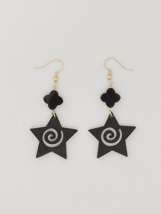 Mystical Obsidian Four-Leaf Clover Bead and Hollow Star Earrings