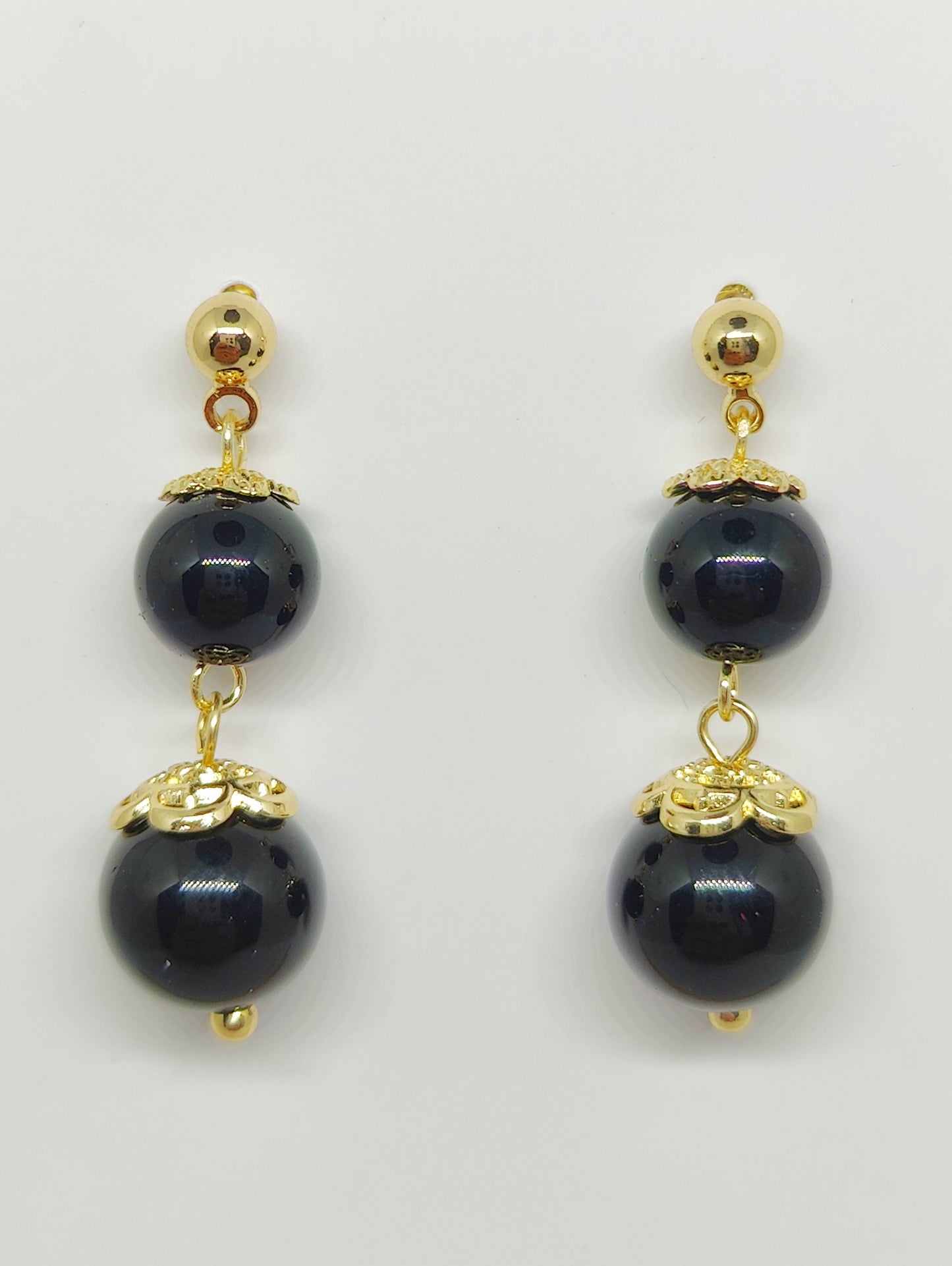 Double Obsidian Bead Stud Earrings (Golden)