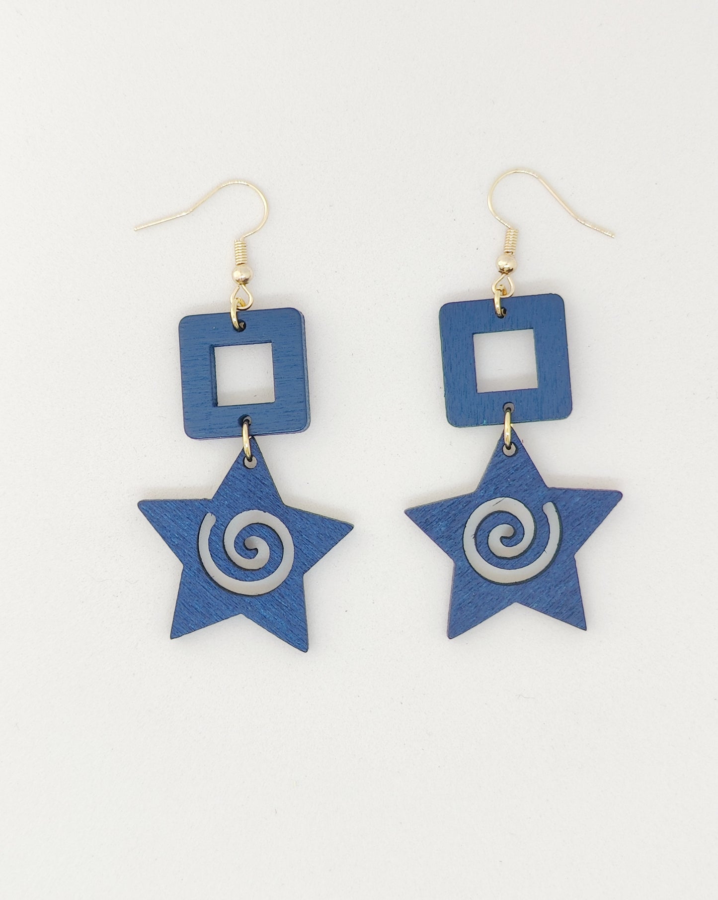 Charming Blue Wooden Square and Hollow Star Earrings