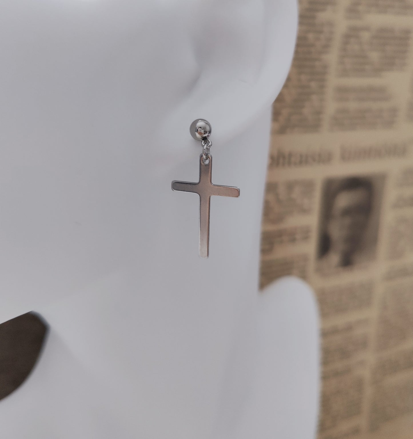 Spherical Stud Earrings with Thin Cross Pendant