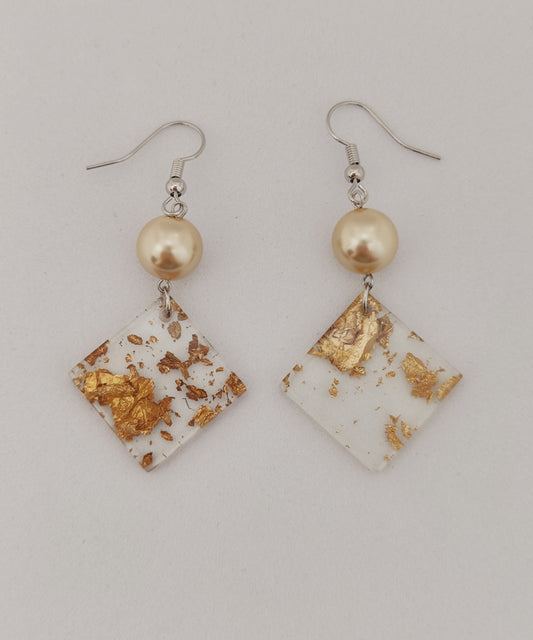 Gold Foil Square Pendant Pearl Earrings