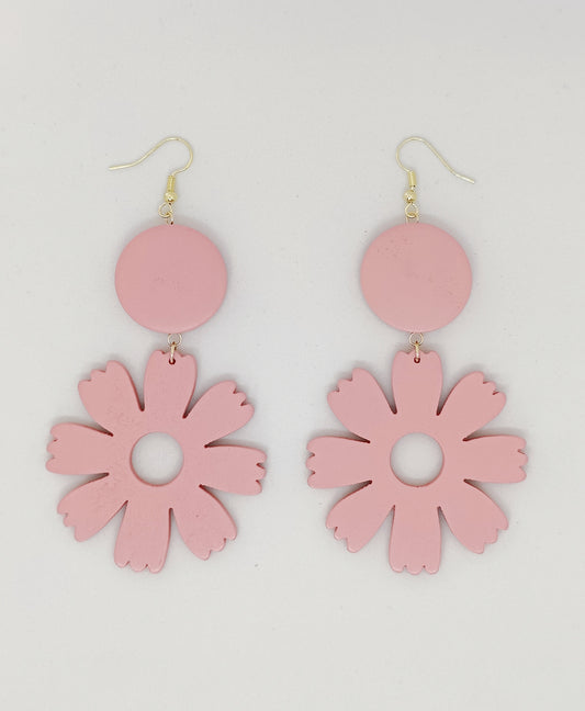 Elegant Handcrafted Wooden Flower Earrings (Pink)