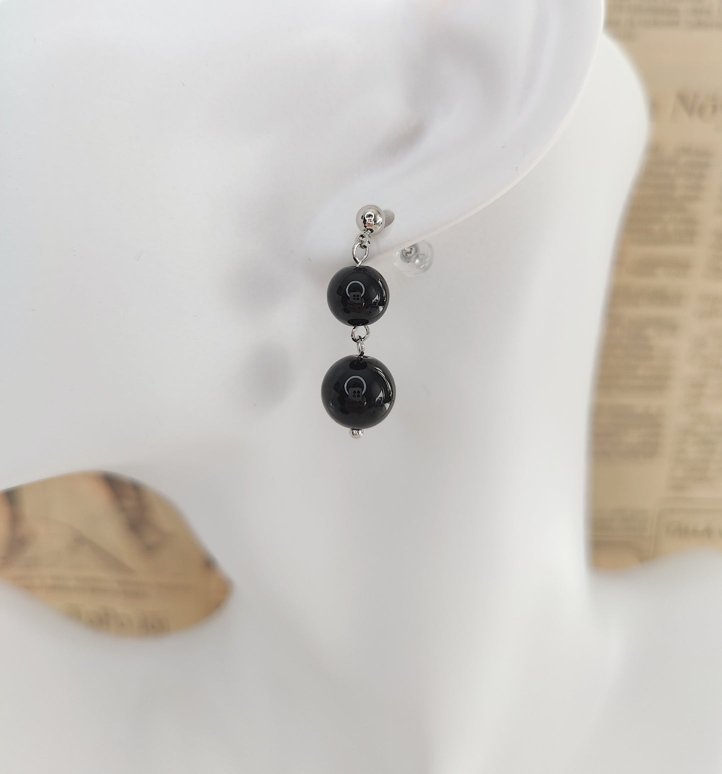 Double Obsidian Bead Stud Earrings (White-Gold-Color)