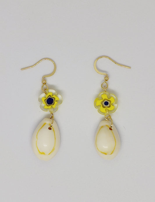 Sunshine Bloom Glass Flower Bead and Shell Earrings