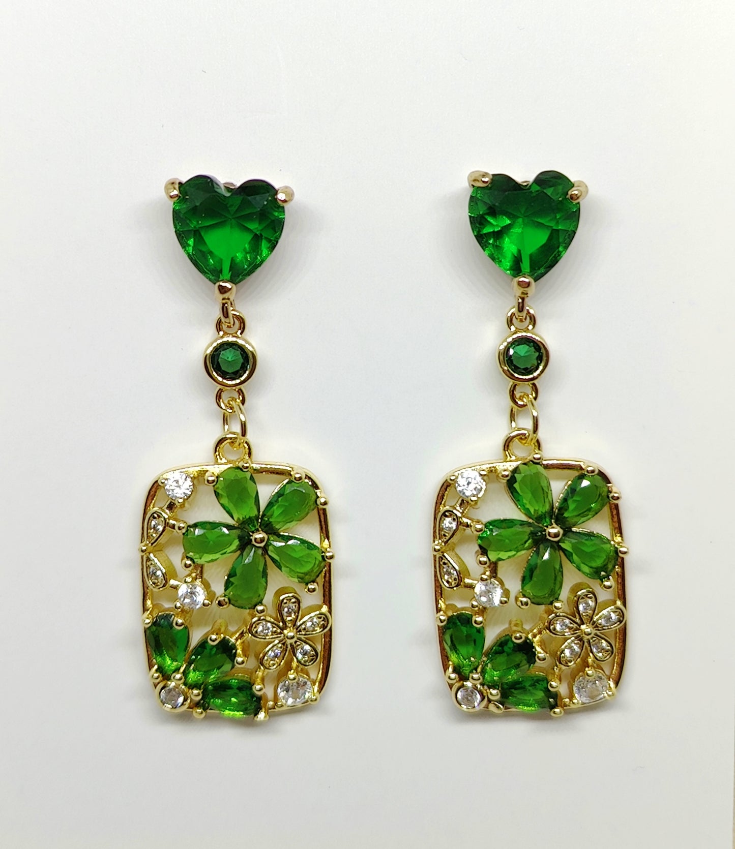 Green Heart-Shaped Zircon Stud Earrings with Zircon-Encrusted Square Pendants(Silver Stud)