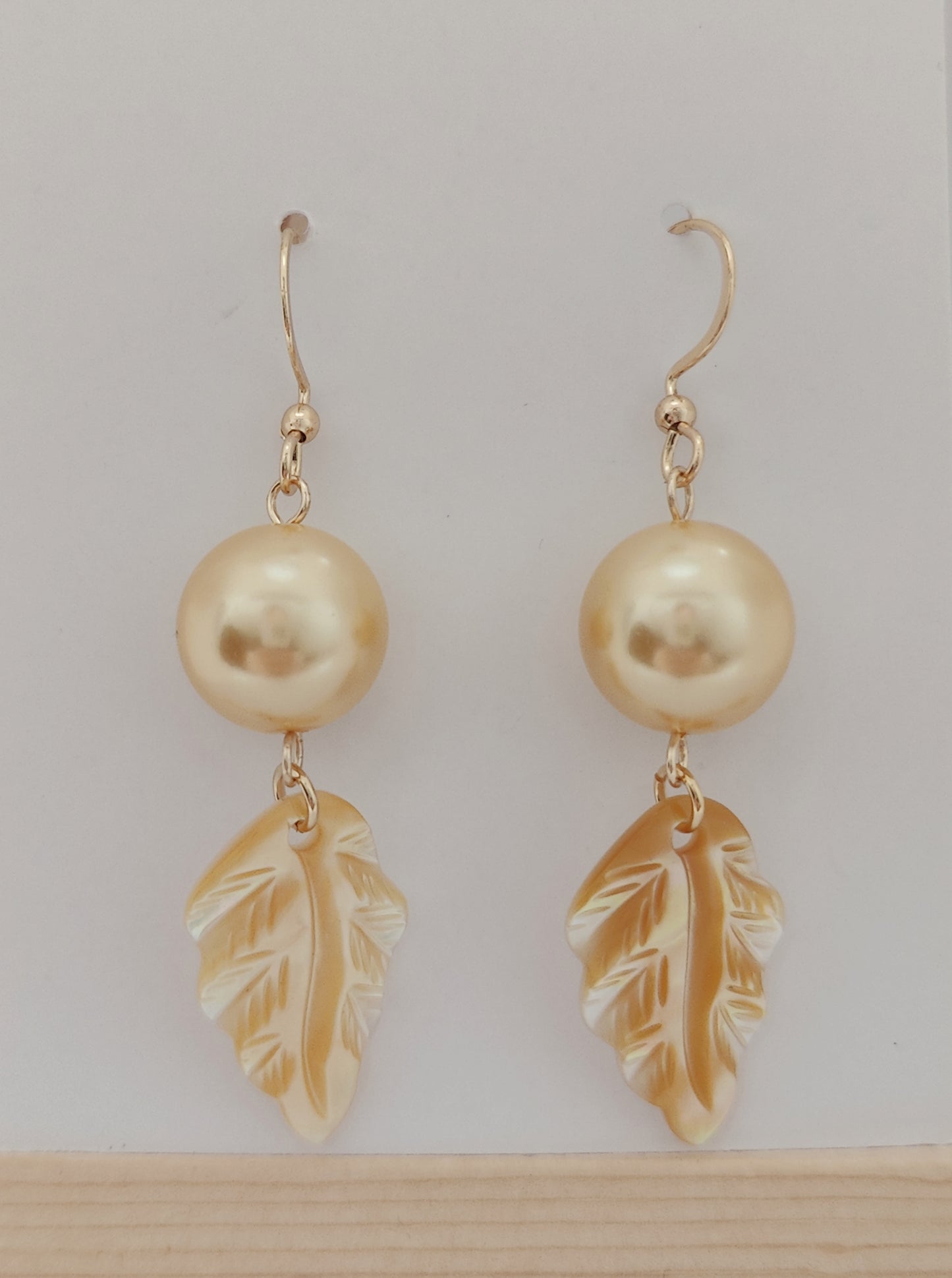 Gold-Color Glass-Pearl with Long Leaf-Shaped Shell Pendant Earrings