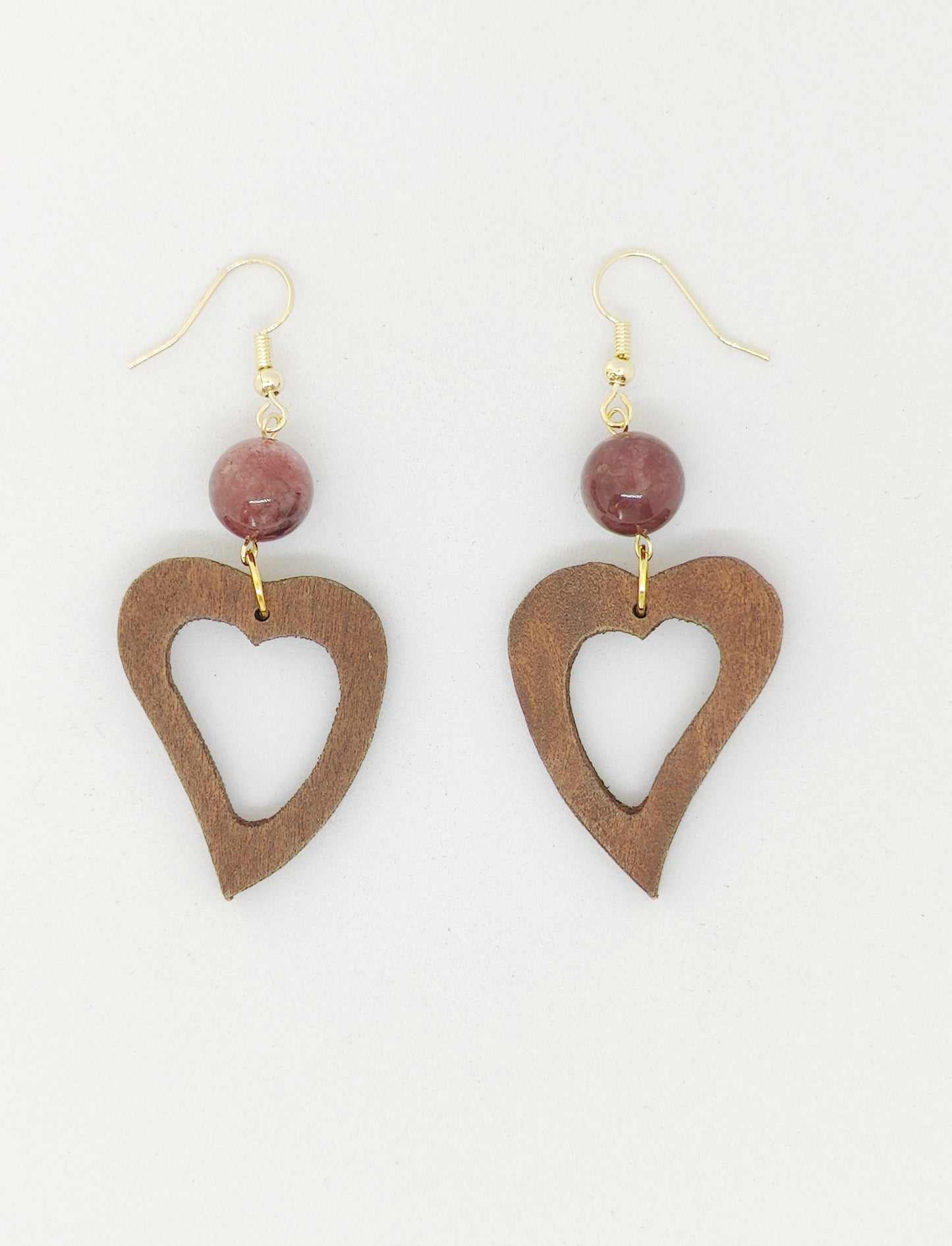 Elegant Stone Bead and Wooden Hollow Heart Pendant Earrings