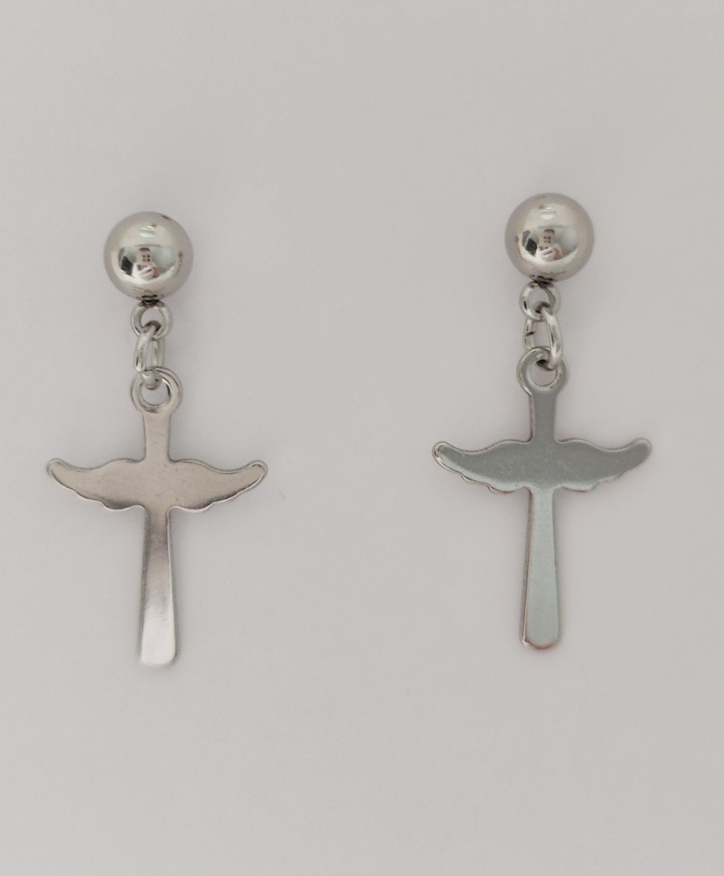 Ball Stud Earrings with Wing-Shaped Cross Pendants(Large)