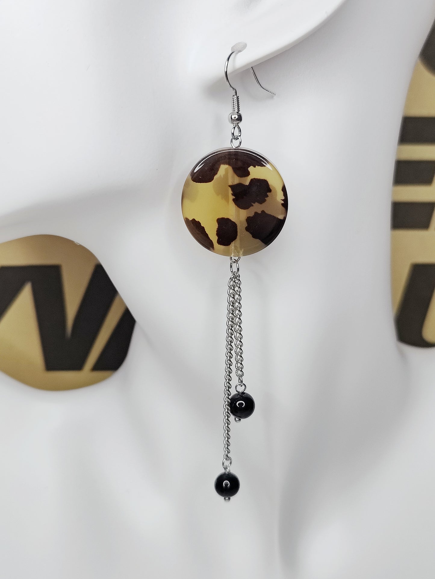 Leopard Round Pendant Double Chain Obsidian Earrings