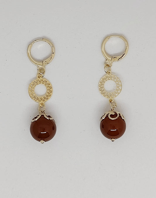 Hoop Ear Hooks with Round Pendants and Red Stone Bead Accents