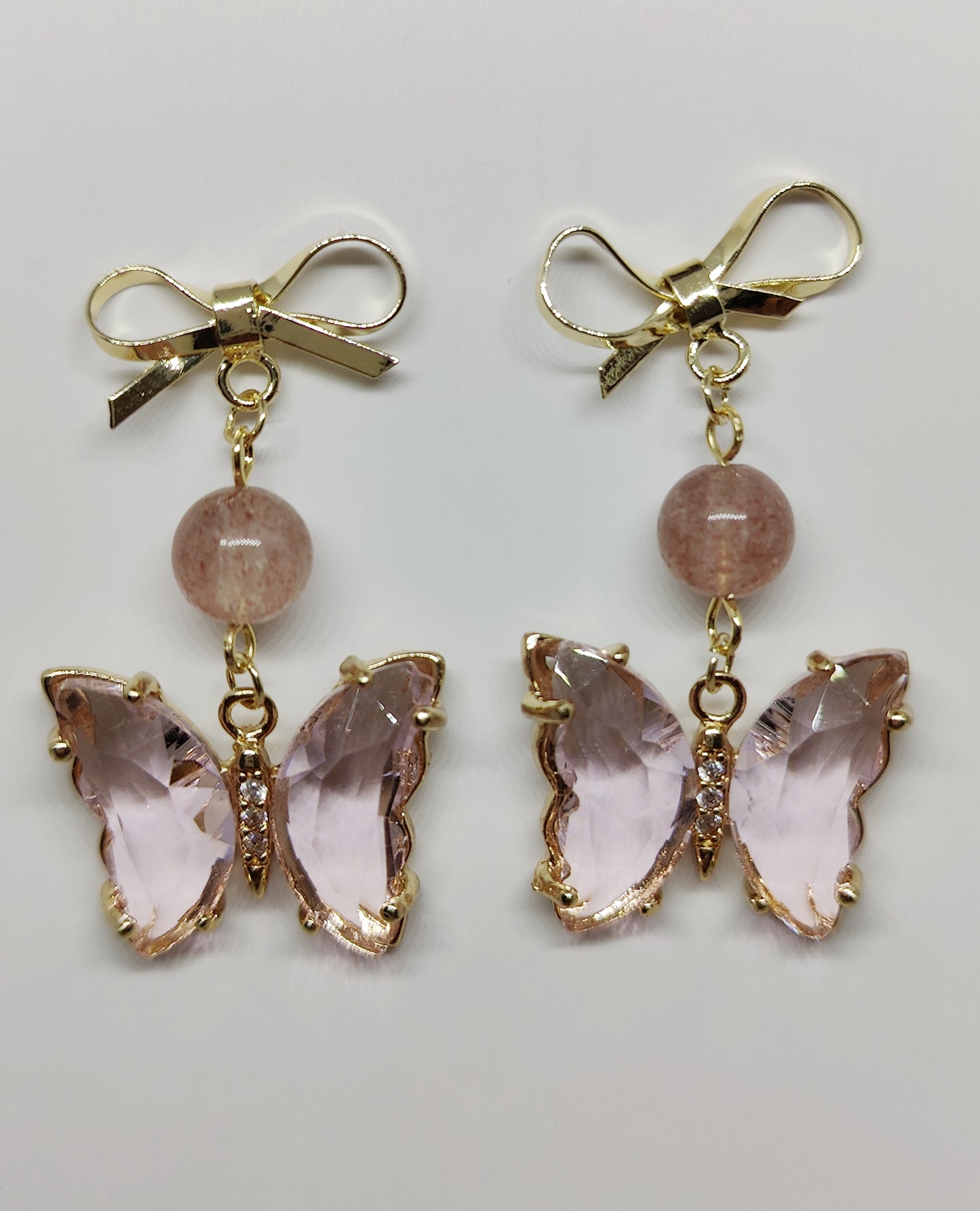 Pink Crystal Bead and Pink Zircon Butterfly Bow Stud Earrings