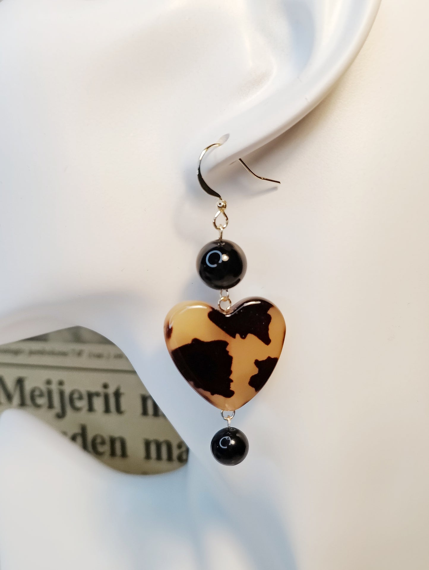 Obsidian Bead Earrings with Acrylic Leopard Pattern Heart Pendant