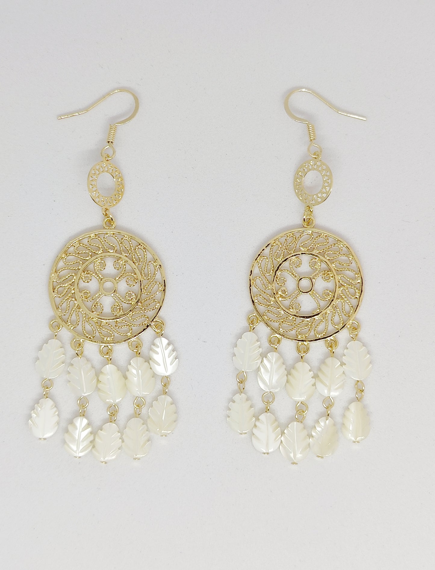 Shell Bead Leaf Cascade Earrings with Central Round Pendant(8.5cm)