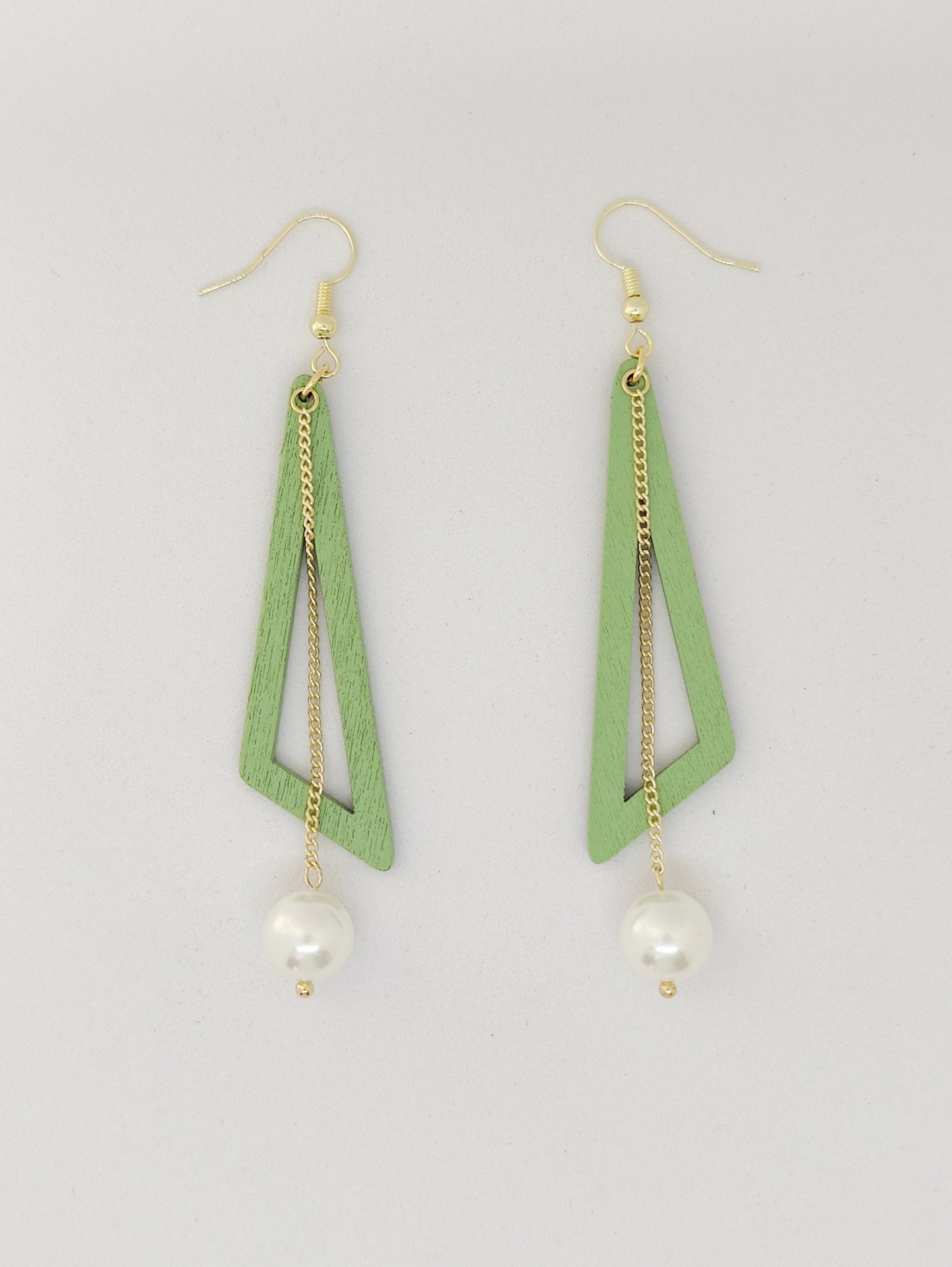 Contemporary Wooden Triangle and Chain with Shell-Pearl Earrings (Green)