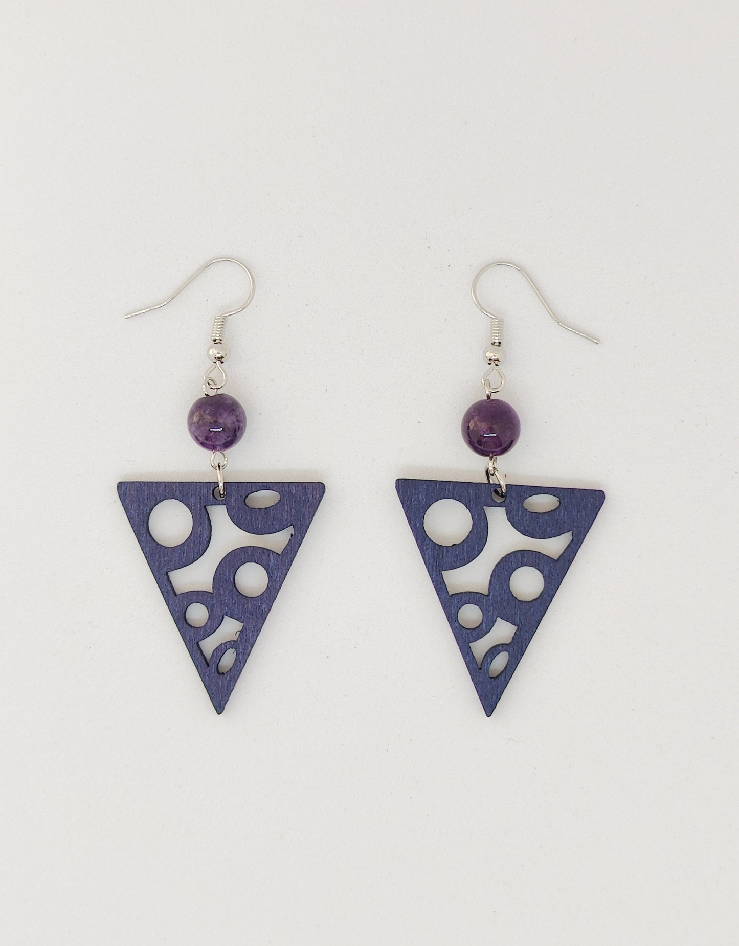 Enchanting Amethyst Beads and Wooden Hollow Triangle Earrings