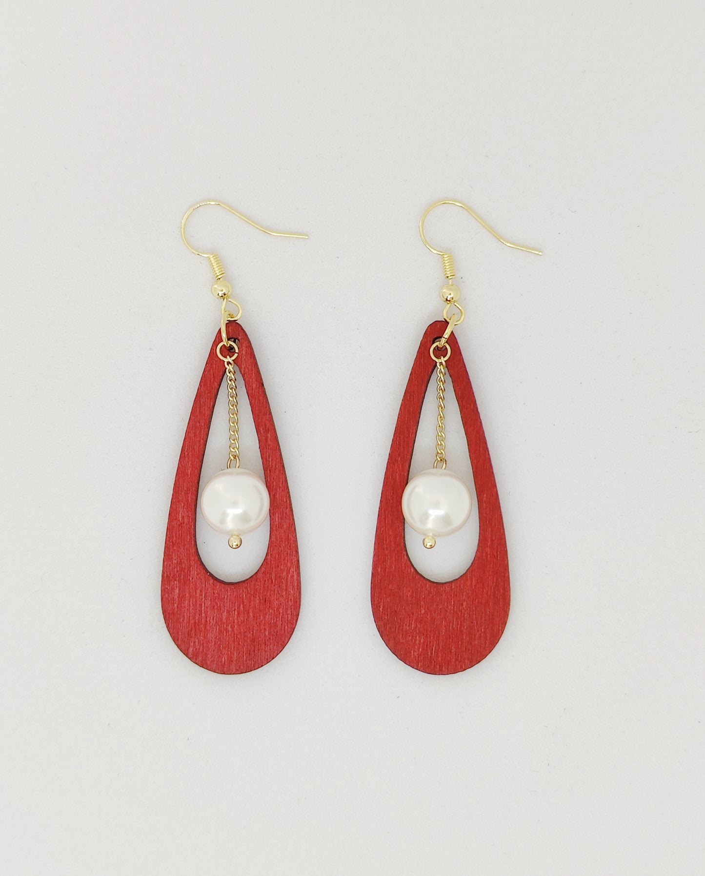 Elegant Shell-Pearl on Chain and Wooden Drop-Shape Pendant Earrings