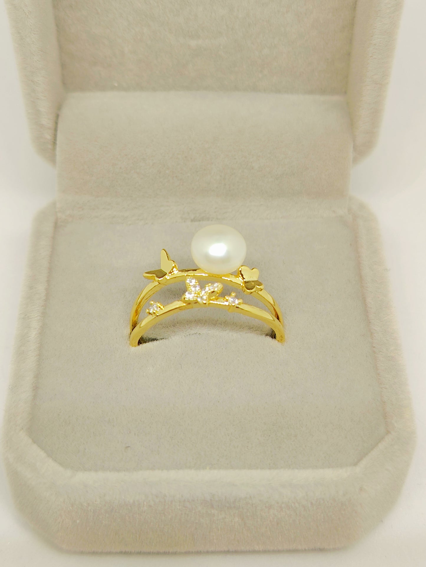 Double Row Gold-Plated Copper Ring with Butterfly Zircon and Pearl (Size Adjustable)