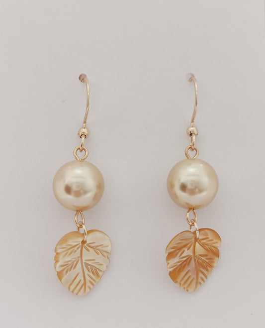 Golden Leaf Shell Pendant Pearl Earrings