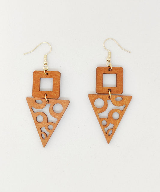 Classic Wooden Square and Hollow Triangle Earrings