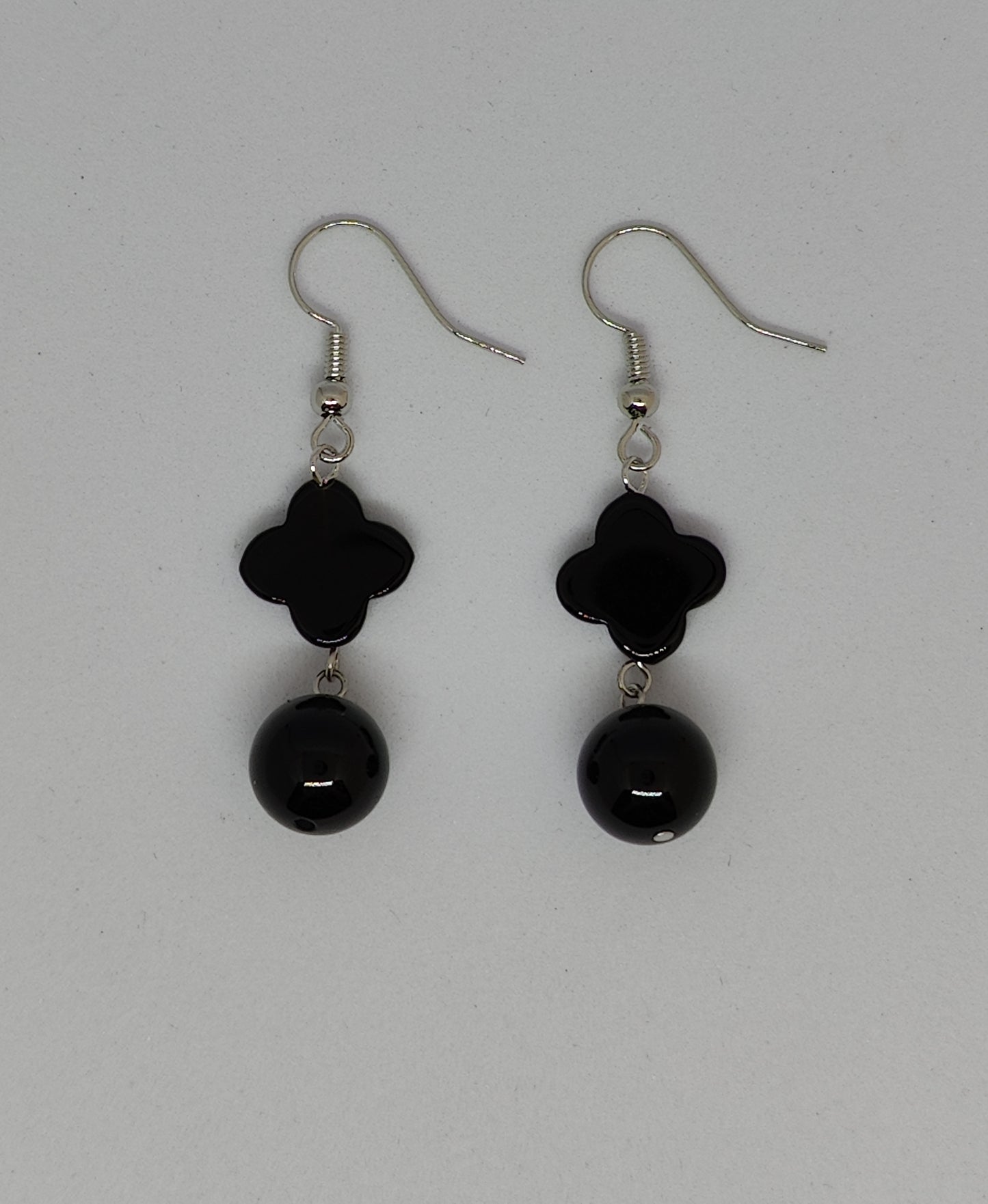 Obsidian Four-Leaf Clover and Round Bead Earrings