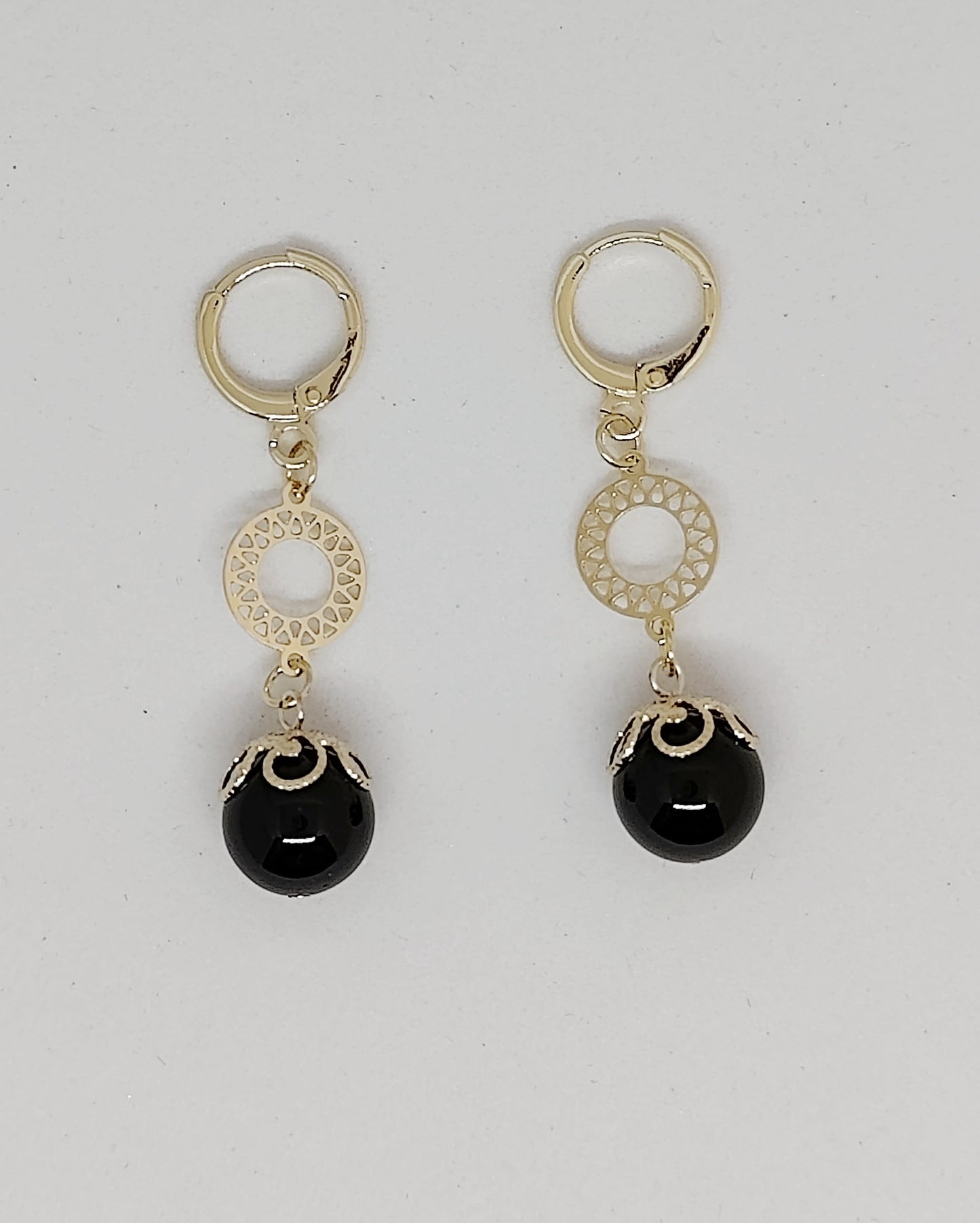 Hoop Ear Hooks with Round Pendants and Obsidian Bead Accents