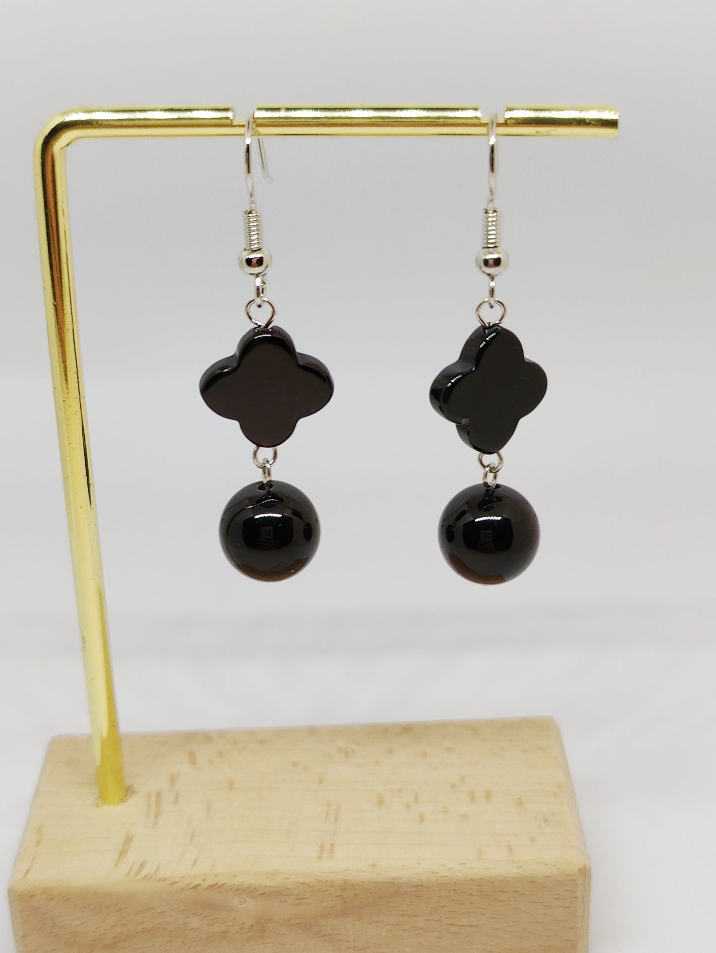 Obsidian Four-Leaf Clover and Round Bead Earrings