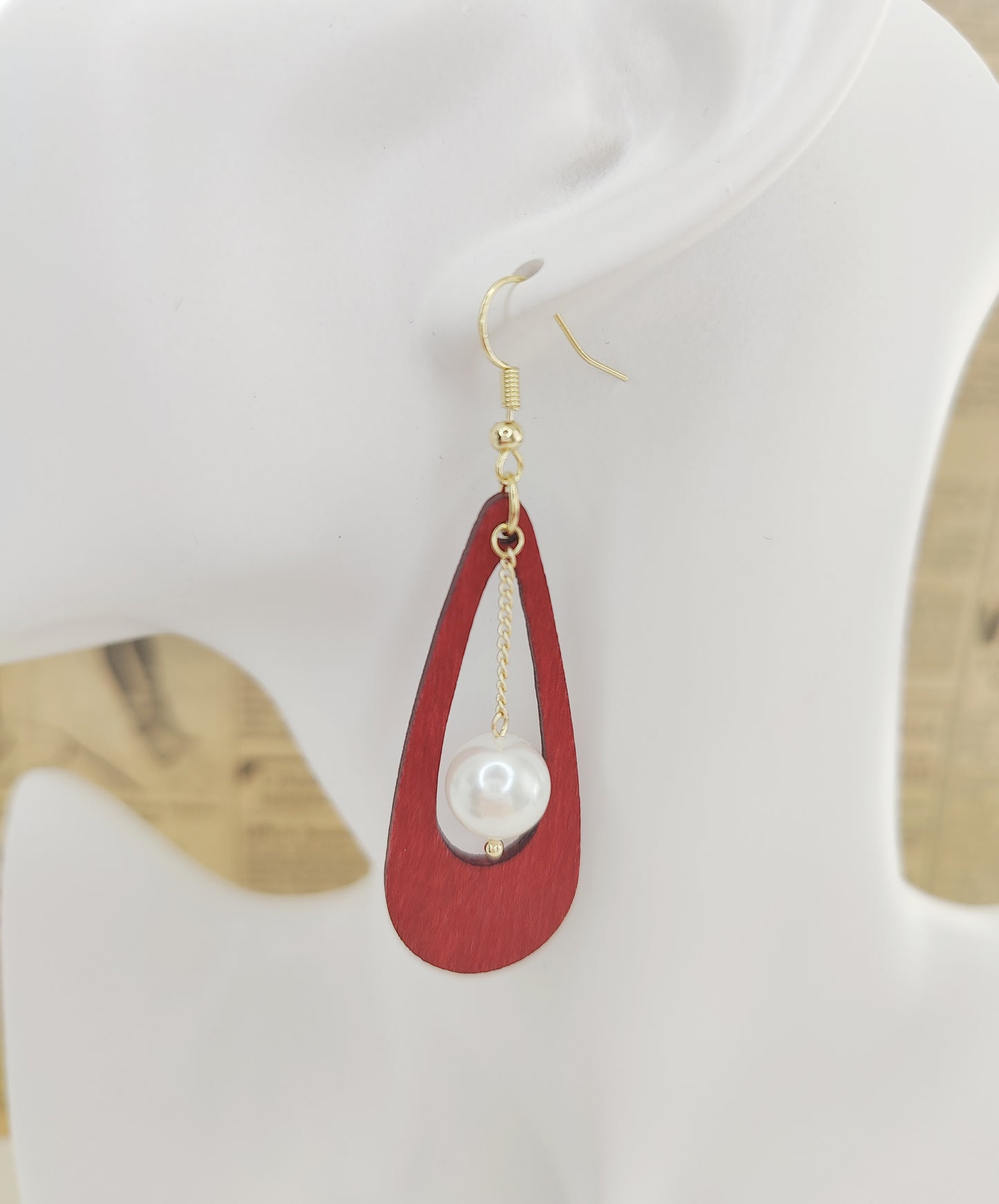 Elegant Shell-Pearl on Chain and Wooden Drop-Shape Pendant Earrings