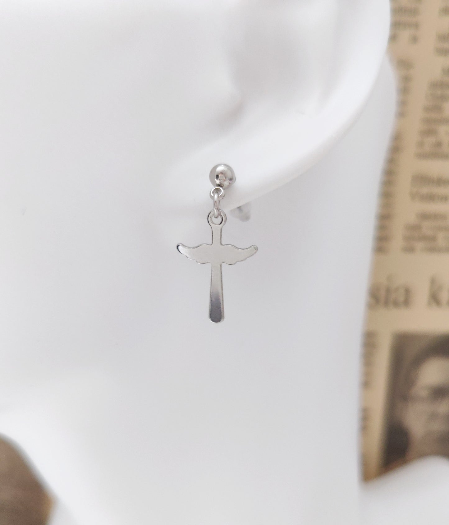 Ball Stud Earrings with Small Cross Pendants(Small)