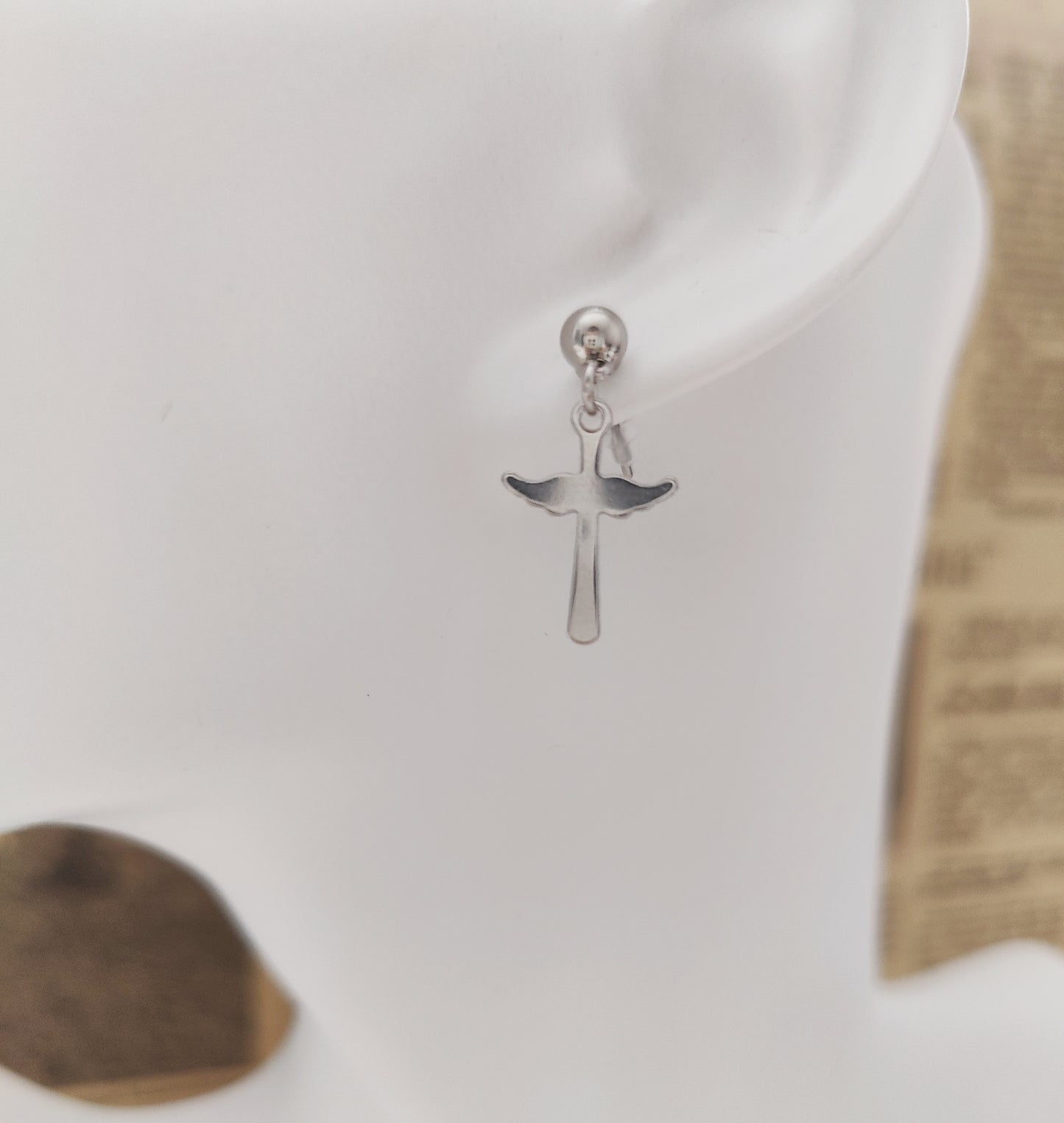 Ball Stud Earrings with Wing-Shaped Cross Pendants(Medium)